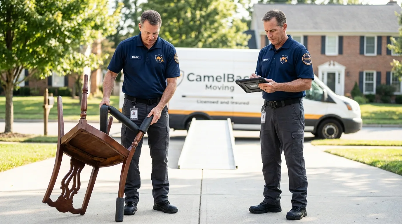 Movers inspecting furniture for damage prevention before loading in Colleyville, TX