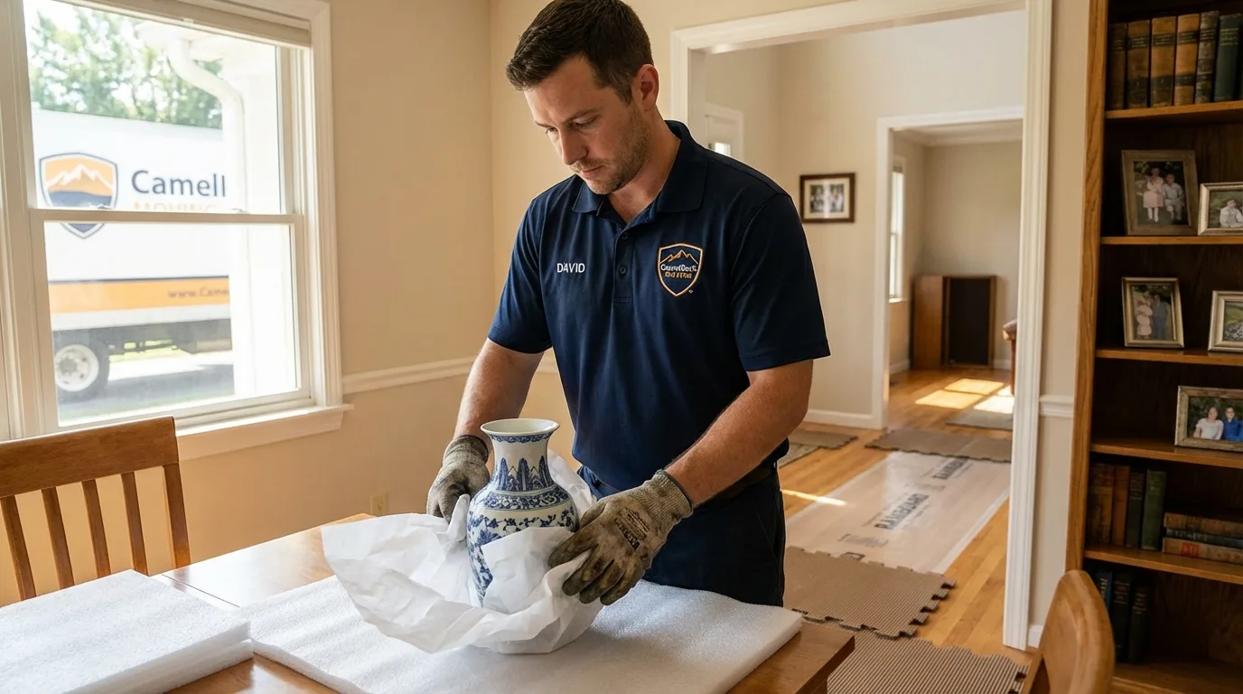 Professional crew carefully wrapping antique vase for senior downsizing move in Colleyville, TX