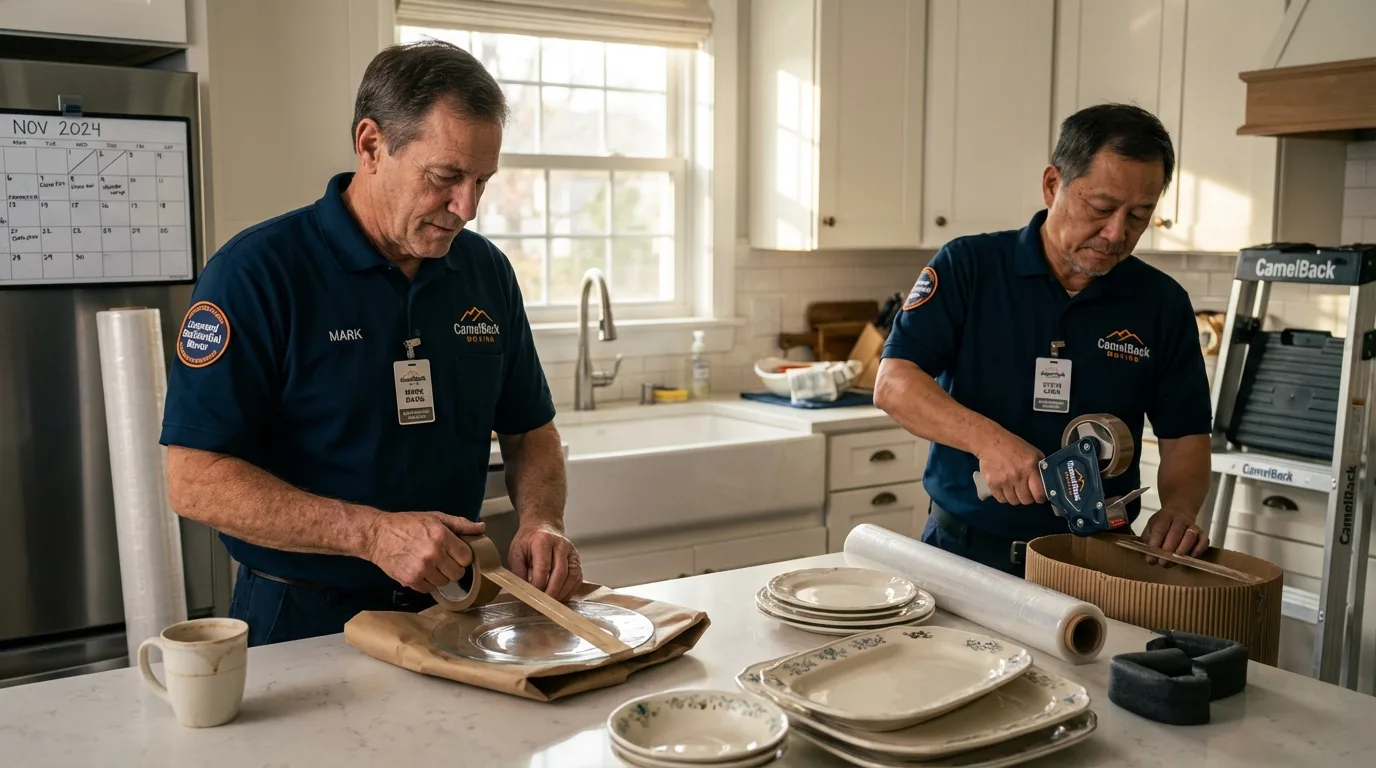 Professional crew packing kitchen dishware in Colleyville, TX